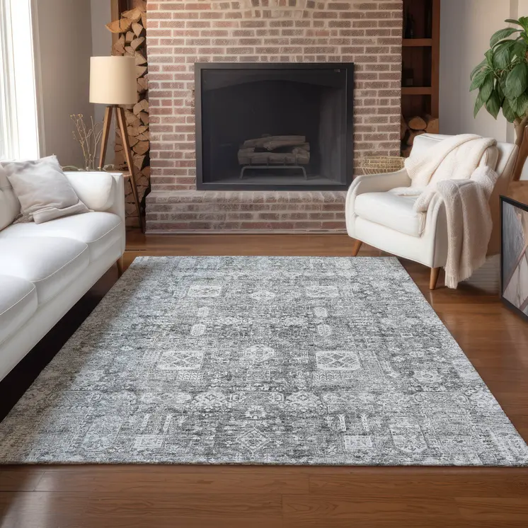 5' X 8' Gray Silver And Charcoal Oriental Washable Indoor Outdoor Area Rug