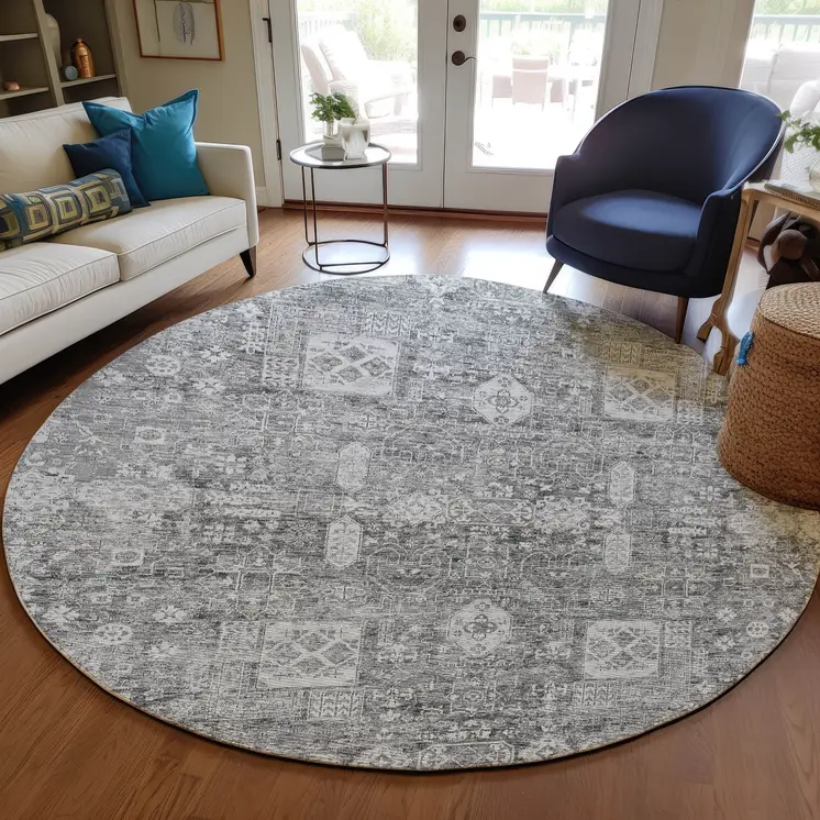 8' Gray Silver And Charcoal Round Oriental Washable Indoor Outdoor Area Rug