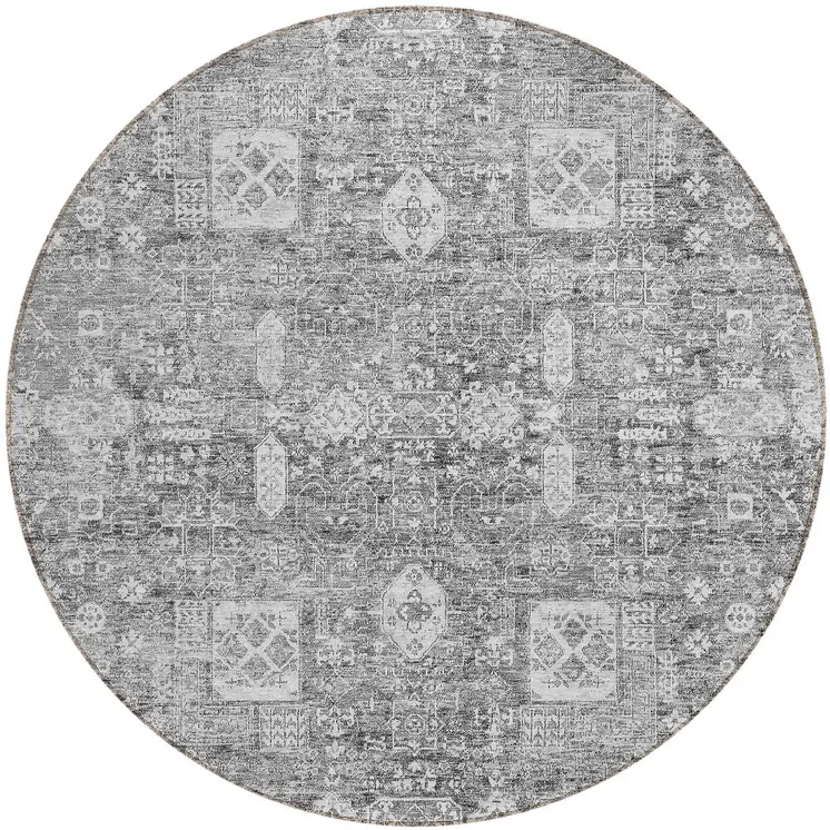 8' Gray Silver And Charcoal Round Oriental Washable Indoor Outdoor Area Rug