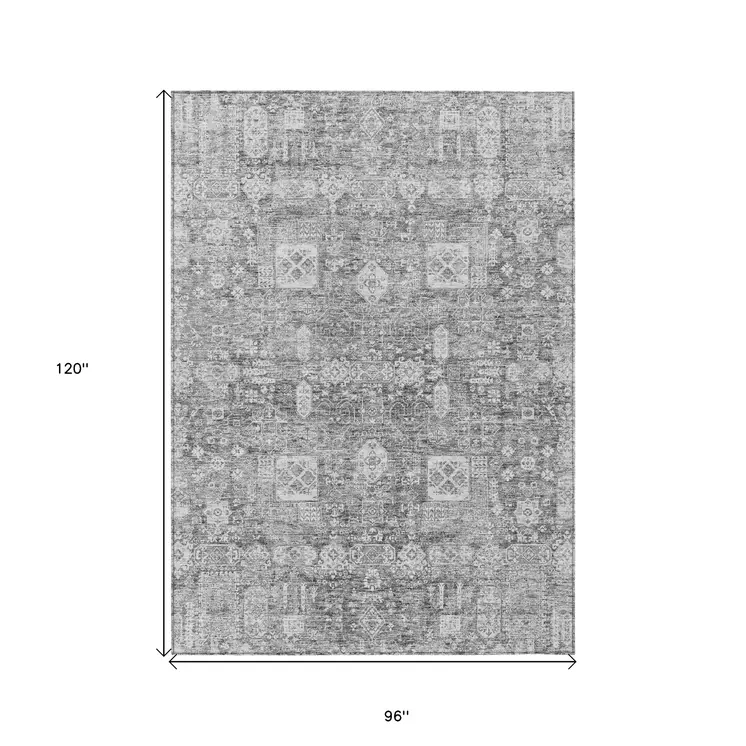 8' X 10' Gray Silver And Charcoal Oriental Washable Indoor Outdoor Area Rug