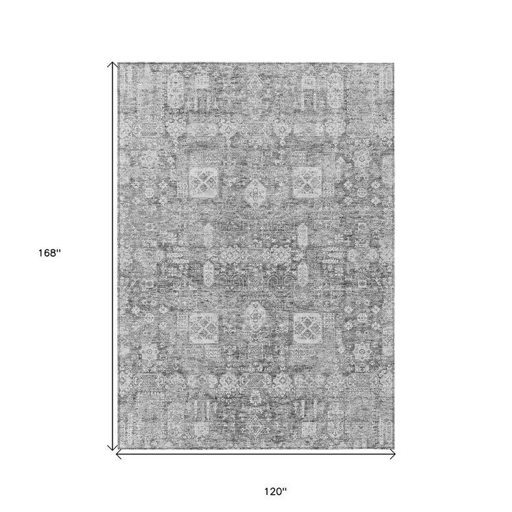 10' X 14' Gray Silver And Charcoal Oriental Washable Indoor Outdoor Area Rug