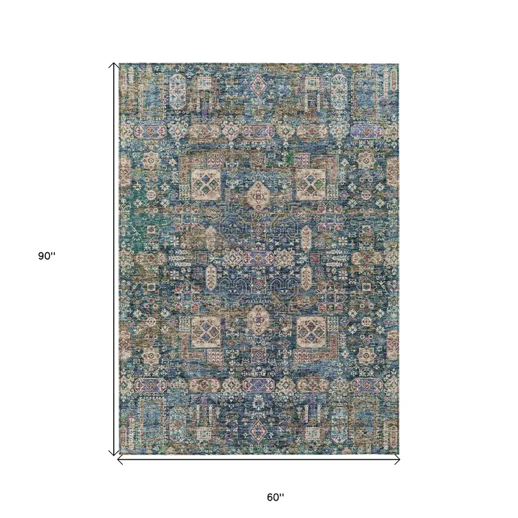 5' X 8' Green Navy Blue And Ivory Oriental Washable Indoor Outdoor Area Rug