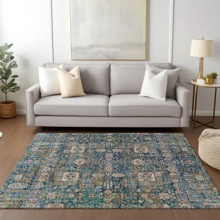 5' X 8' Green Navy Blue And Ivory Oriental Washable Indoor Outdoor Area Rug
