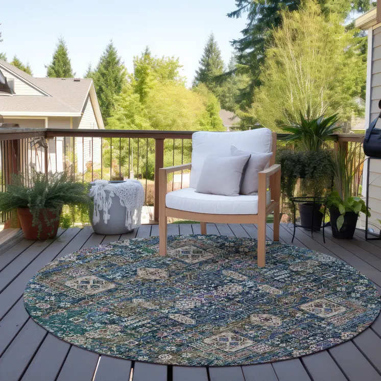 8' Green Navy Blue And Ivory Round Oriental Washable Indoor Outdoor Area Rug