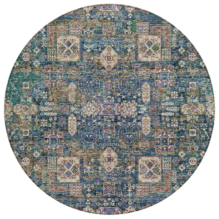 8' Green Navy Blue And Ivory Round Oriental Washable Indoor Outdoor Area Rug