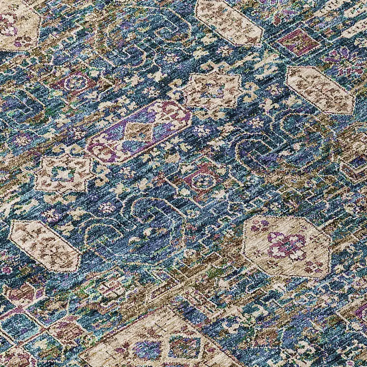 8' Green Navy Blue And Ivory Round Oriental Washable Indoor Outdoor Area Rug