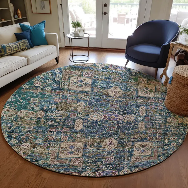 8' Green Navy Blue And Ivory Round Oriental Washable Indoor Outdoor Area Rug