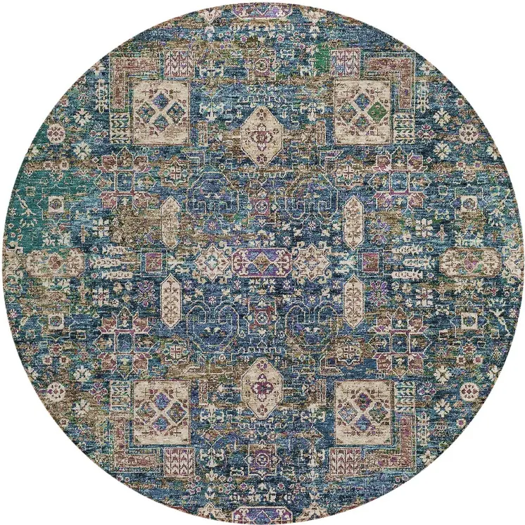 8' Green Navy Blue And Ivory Round Oriental Washable Indoor Outdoor Area Rug
