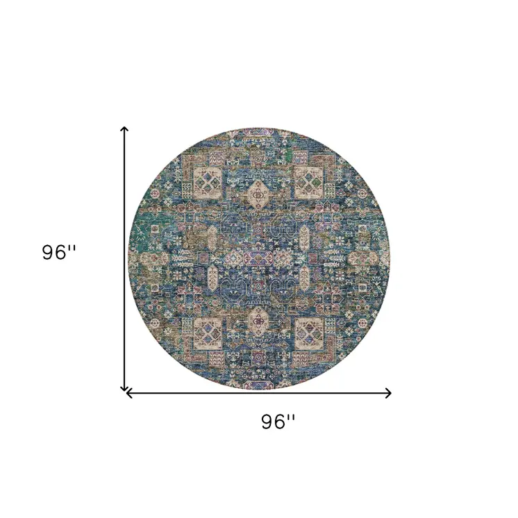8' Green Navy Blue And Ivory Round Oriental Washable Indoor Outdoor Area Rug