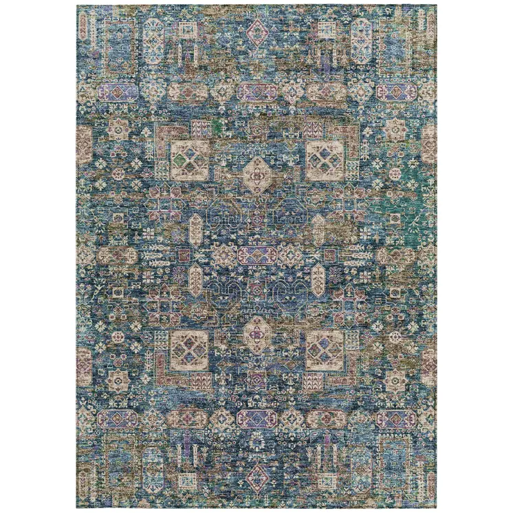 8' X 10' Green Navy Blue And Ivory Oriental Washable Indoor Outdoor Area Rug