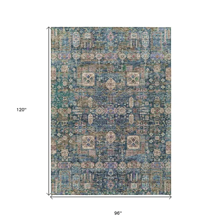 8' X 10' Green Navy Blue And Ivory Oriental Washable Indoor Outdoor Area Rug