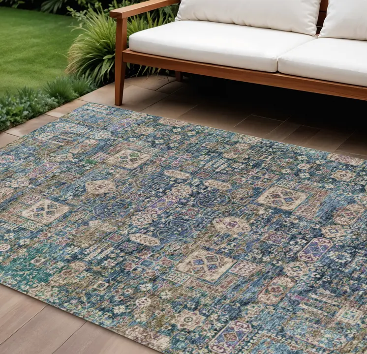 8' X 10' Green Navy Blue And Ivory Oriental Washable Indoor Outdoor Area Rug
