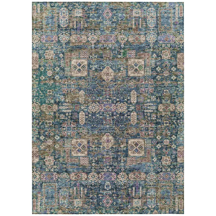 8' X 10' Green Navy Blue And Ivory Oriental Washable Indoor Outdoor Area Rug