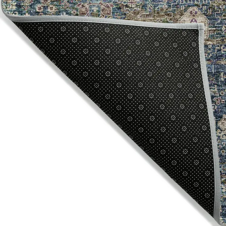 8' X 10' Green Navy Blue And Ivory Oriental Washable Indoor Outdoor Area Rug