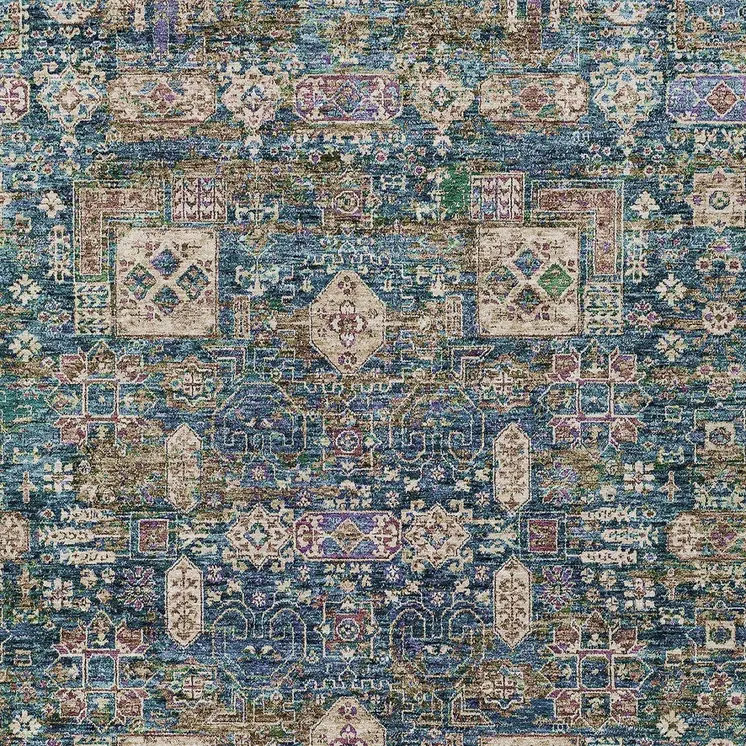 8' X 10' Green Navy Blue And Ivory Oriental Washable Indoor Outdoor Area Rug