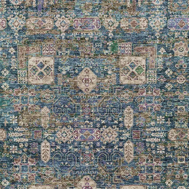 9' X 12' Green Navy Blue And Ivory Oriental Washable Indoor Outdoor Area Rug