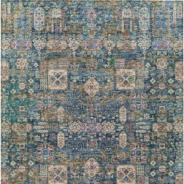 10' X 14' Green Navy Blue And Ivory Oriental Washable Indoor Outdoor Area Rug