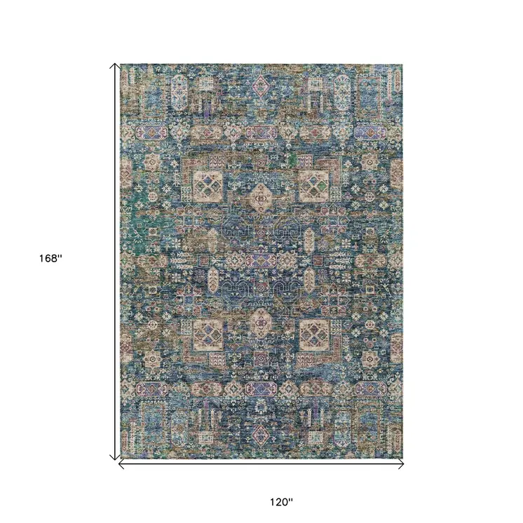 10' X 14' Green Navy Blue And Ivory Oriental Washable Indoor Outdoor Area Rug