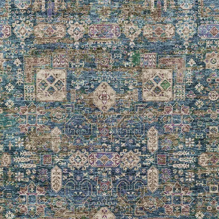 10' X 14' Green Navy Blue And Ivory Oriental Washable Indoor Outdoor Area Rug
