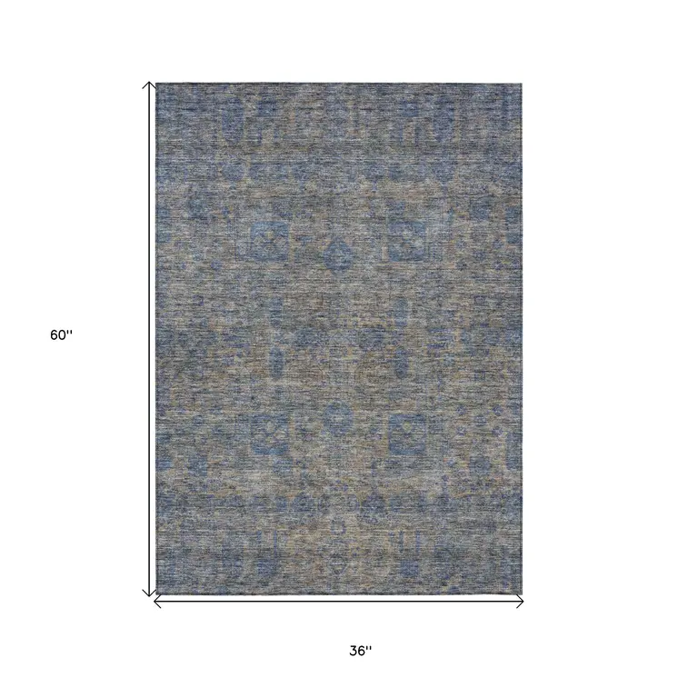 3' X 5' Khaki And Denim Blue Oriental Washable Indoor Outdoor Area Rug