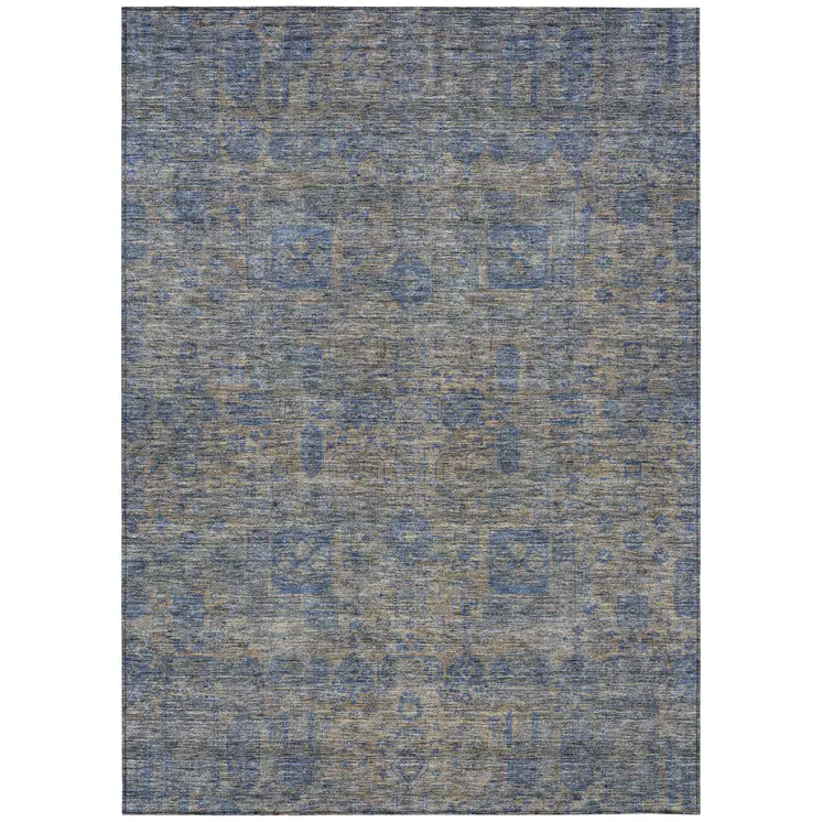 3' X 5' Khaki And Denim Blue Oriental Washable Indoor Outdoor Area Rug