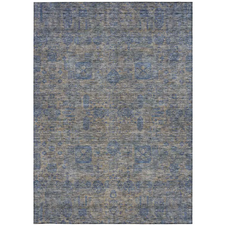 3' X 5' Khaki And Denim Blue Oriental Washable Indoor Outdoor Area Rug