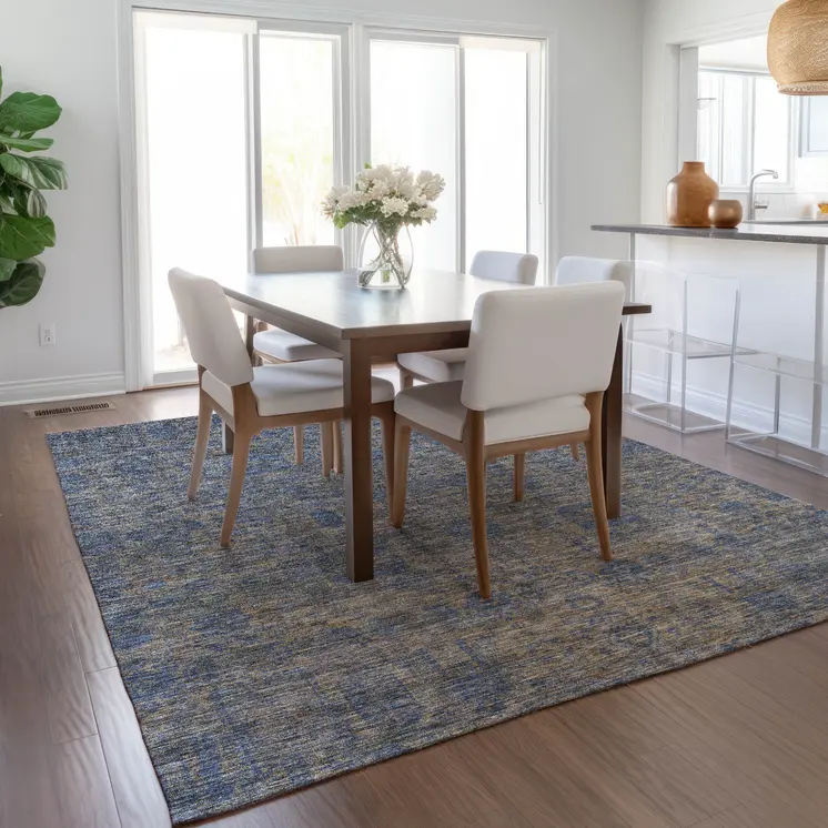 3' X 5' Khaki And Denim Blue Oriental Washable Indoor Outdoor Area Rug