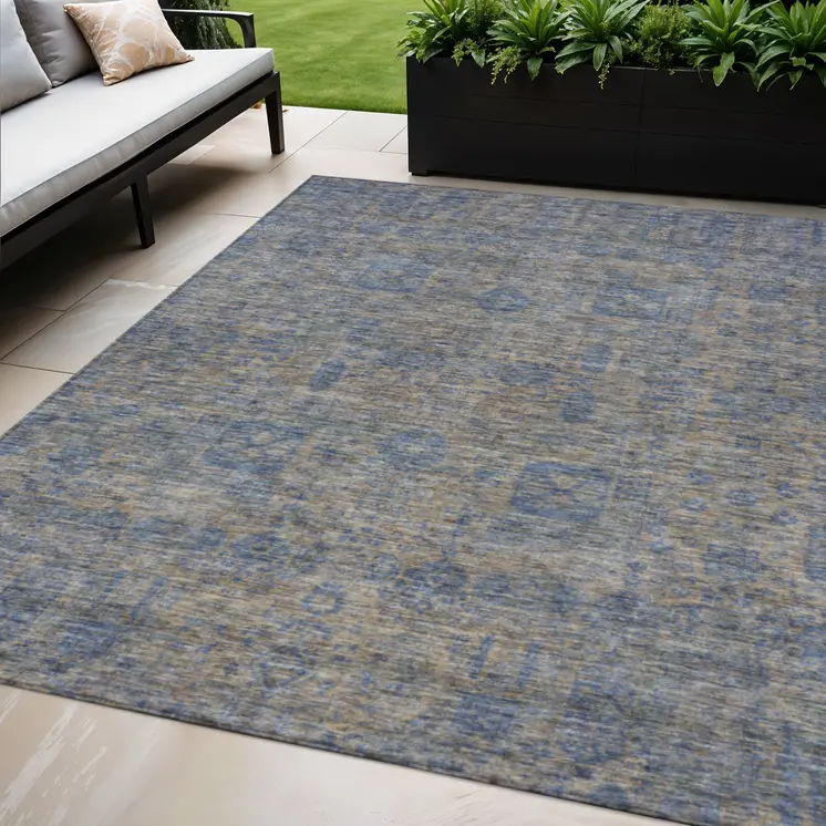 5' X 8' Khaki And Denim Blue Oriental Washable Indoor Outdoor Area Rug