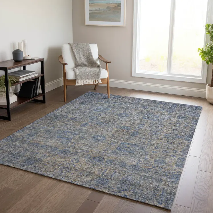 5' X 8' Khaki And Denim Blue Oriental Washable Indoor Outdoor Area Rug