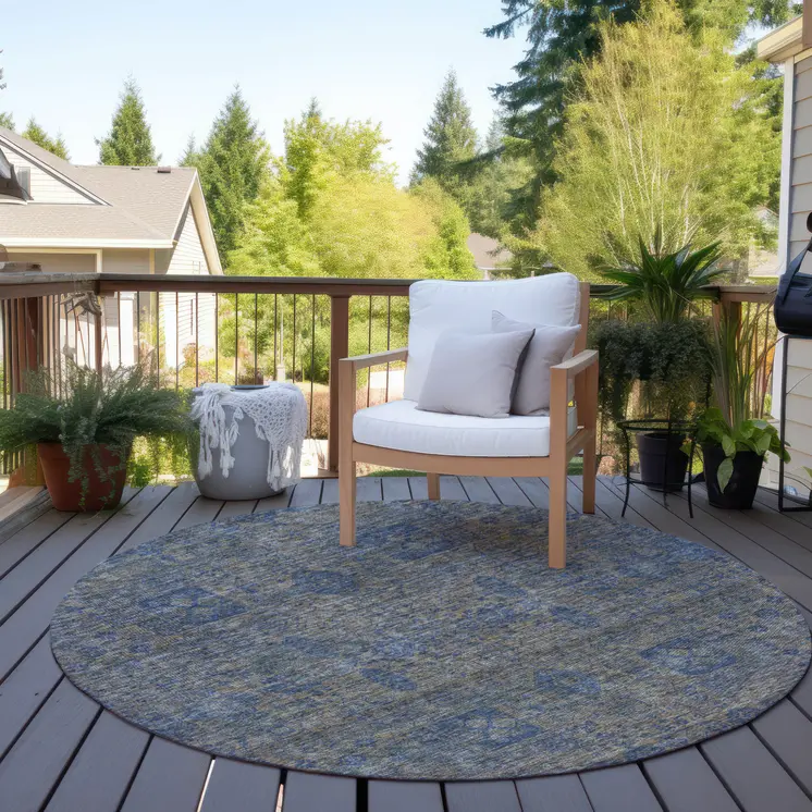 8' Khaki And Denim Blue Round Oriental Washable Indoor Outdoor Area Rug