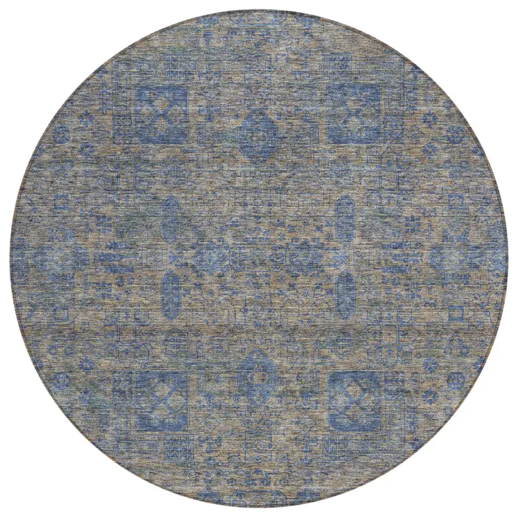 8' Khaki And Denim Blue Round Oriental Washable Indoor Outdoor Area Rug