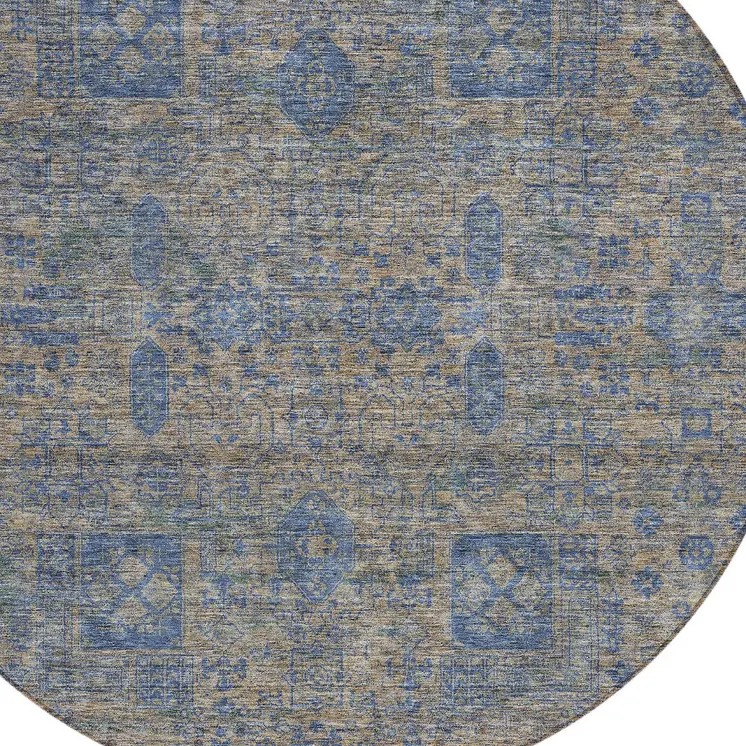 8' Khaki And Denim Blue Round Oriental Washable Indoor Outdoor Area Rug