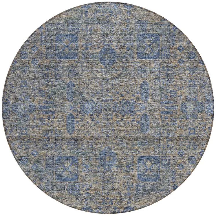 8' Khaki And Denim Blue Round Oriental Washable Indoor Outdoor Area Rug
