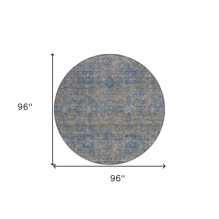 8' Khaki And Denim Blue Round Oriental Washable Indoor Outdoor Area Rug