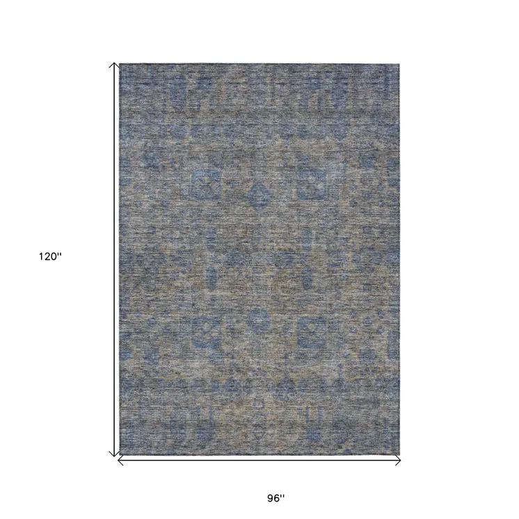 8' X 10' Khaki And Denim Blue Oriental Washable Indoor Outdoor Area Rug