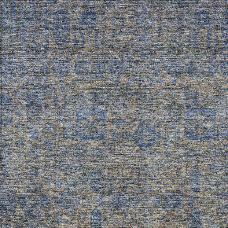 9' X 12' Khaki And Denim Blue Oriental Washable Indoor Outdoor Area Rug