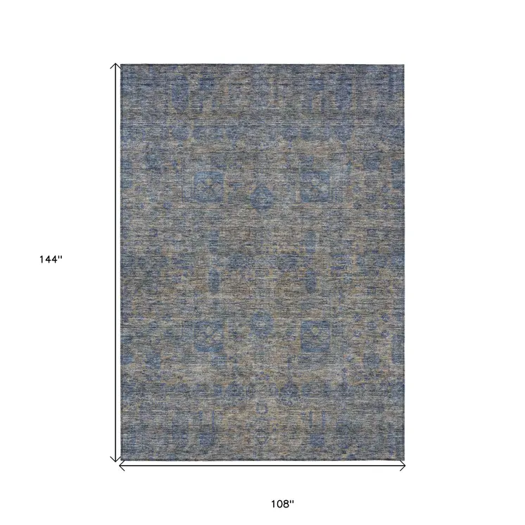 9' X 12' Khaki And Denim Blue Oriental Washable Indoor Outdoor Area Rug