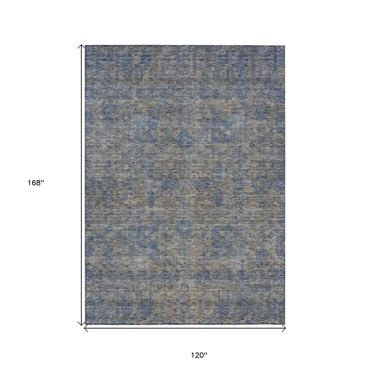10' X 14' Khaki And Denim Blue Oriental Washable Indoor Outdoor Area Rug