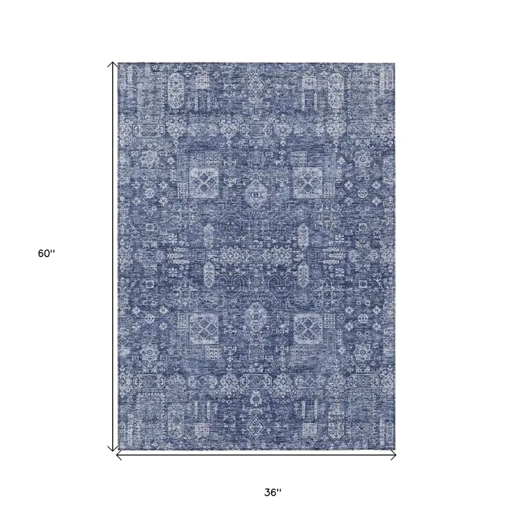 3' X 5' Navy Blue And Sky Blue Oriental Washable Indoor Outdoor Area Rug