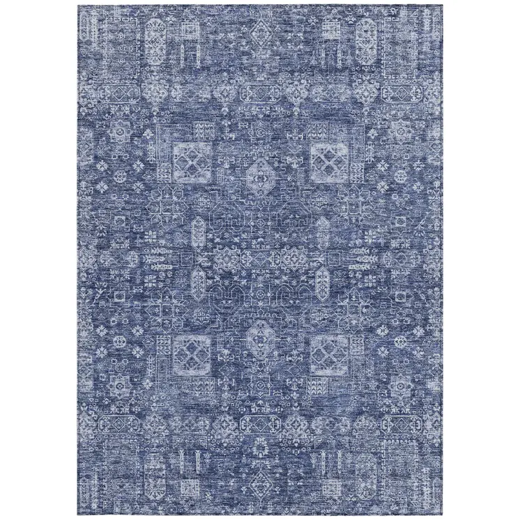 5' X 8' Navy Blue And Sky Blue Oriental Washable Indoor Outdoor Area Rug
