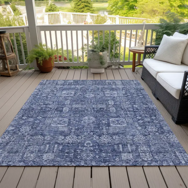 5' X 8' Navy Blue And Sky Blue Oriental Washable Indoor Outdoor Area Rug
