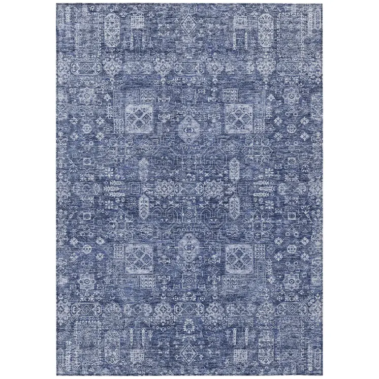 5' X 8' Navy Blue And Sky Blue Oriental Washable Indoor Outdoor Area Rug