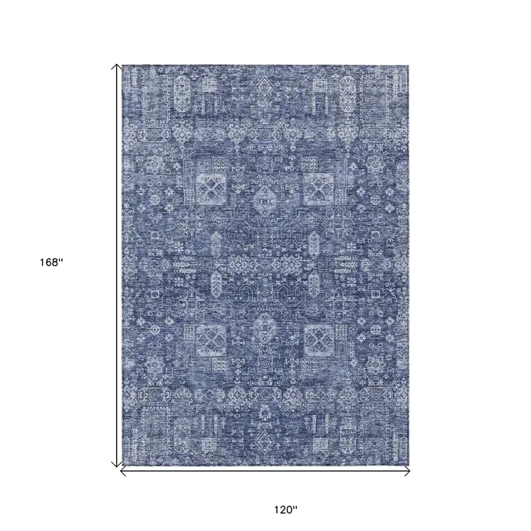 10' X 14' Navy Blue And Sky Blue Oriental Washable Indoor Outdoor Area Rug