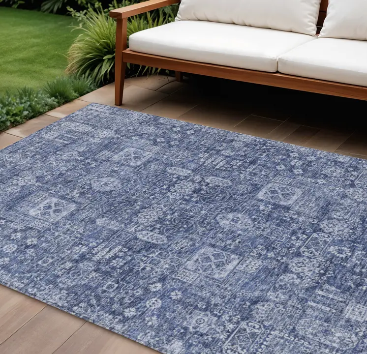 10' X 14' Navy Blue And Sky Blue Oriental Washable Indoor Outdoor Area Rug