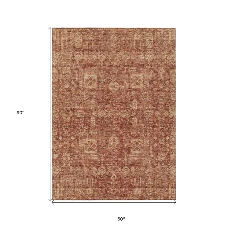 5' X 8' Orange Copper And Terra Cotta Oriental Washable Indoor Outdoor Area Rug