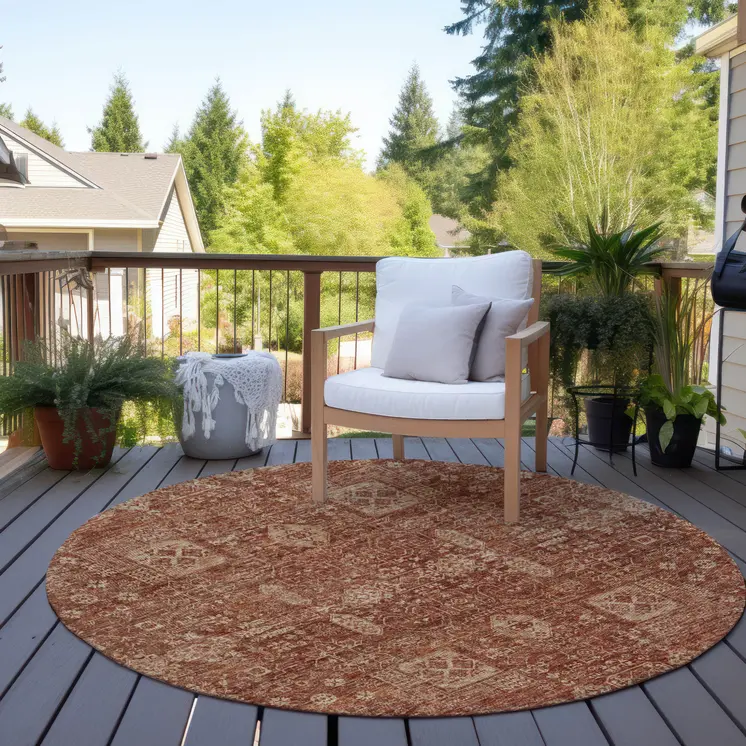 8' Orange Copper And Terra Cotta Round Oriental Washable Indoor Outdoor Area Rug