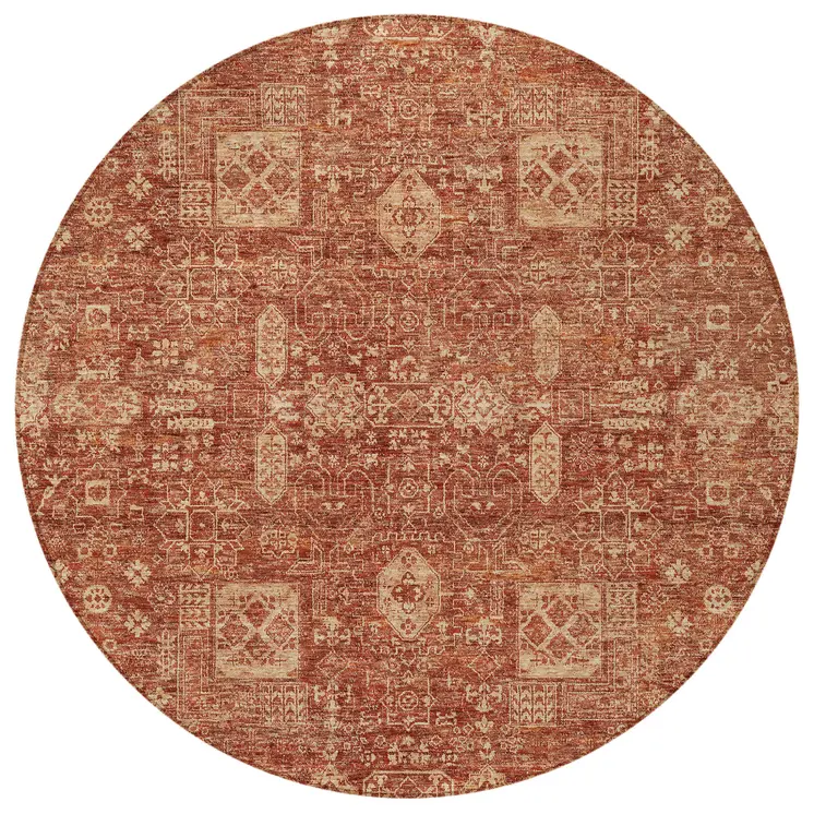 8' Orange Copper And Terra Cotta Round Oriental Washable Indoor Outdoor Area Rug