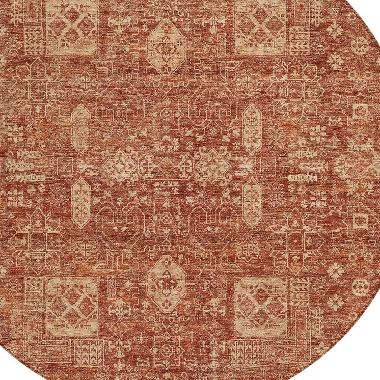 8' Orange Copper And Terra Cotta Round Oriental Washable Indoor Outdoor Area Rug