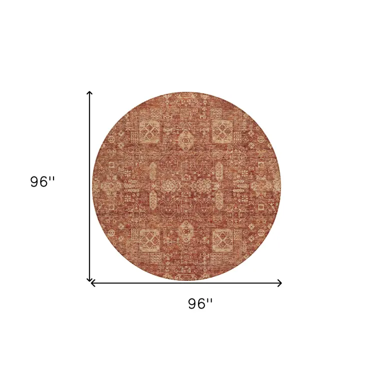 8' Orange Copper And Terra Cotta Round Oriental Washable Indoor Outdoor Area Rug