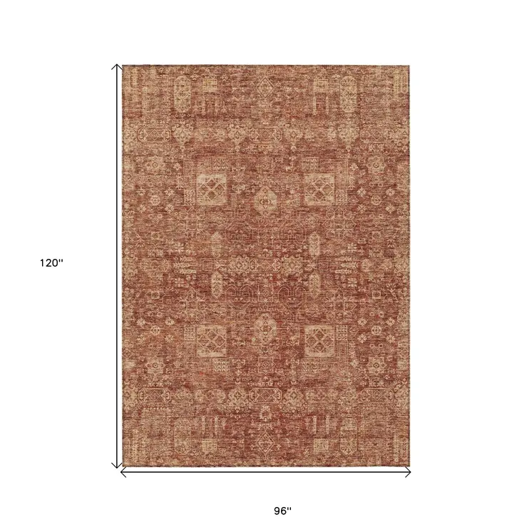 8' X 10' Orange Copper And Terra Cotta Oriental Washable Indoor Outdoor Area Rug